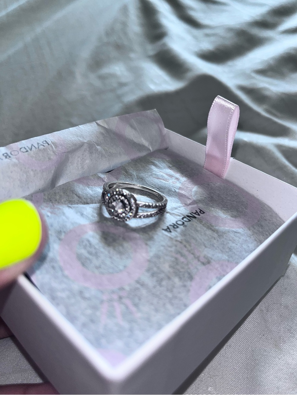 Pandora Sterling Silver Ring with Pink Accents and Halo Pavé
